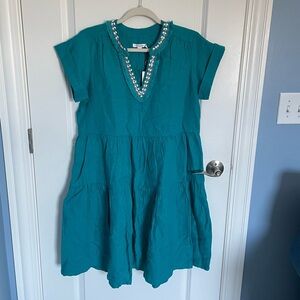 New! Chico’s Peacock blue Linen Embellished Cap Sleeve Mini Dress 35344
